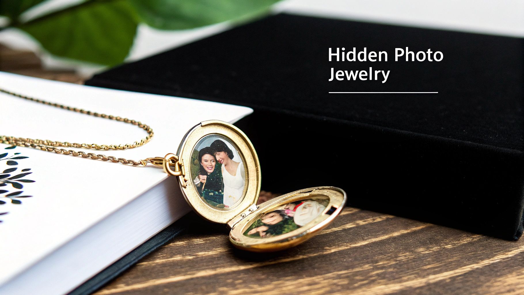 A woman smiling as she looks at a projection photo necklace, with the hidden image faintly visible within the gemstone.