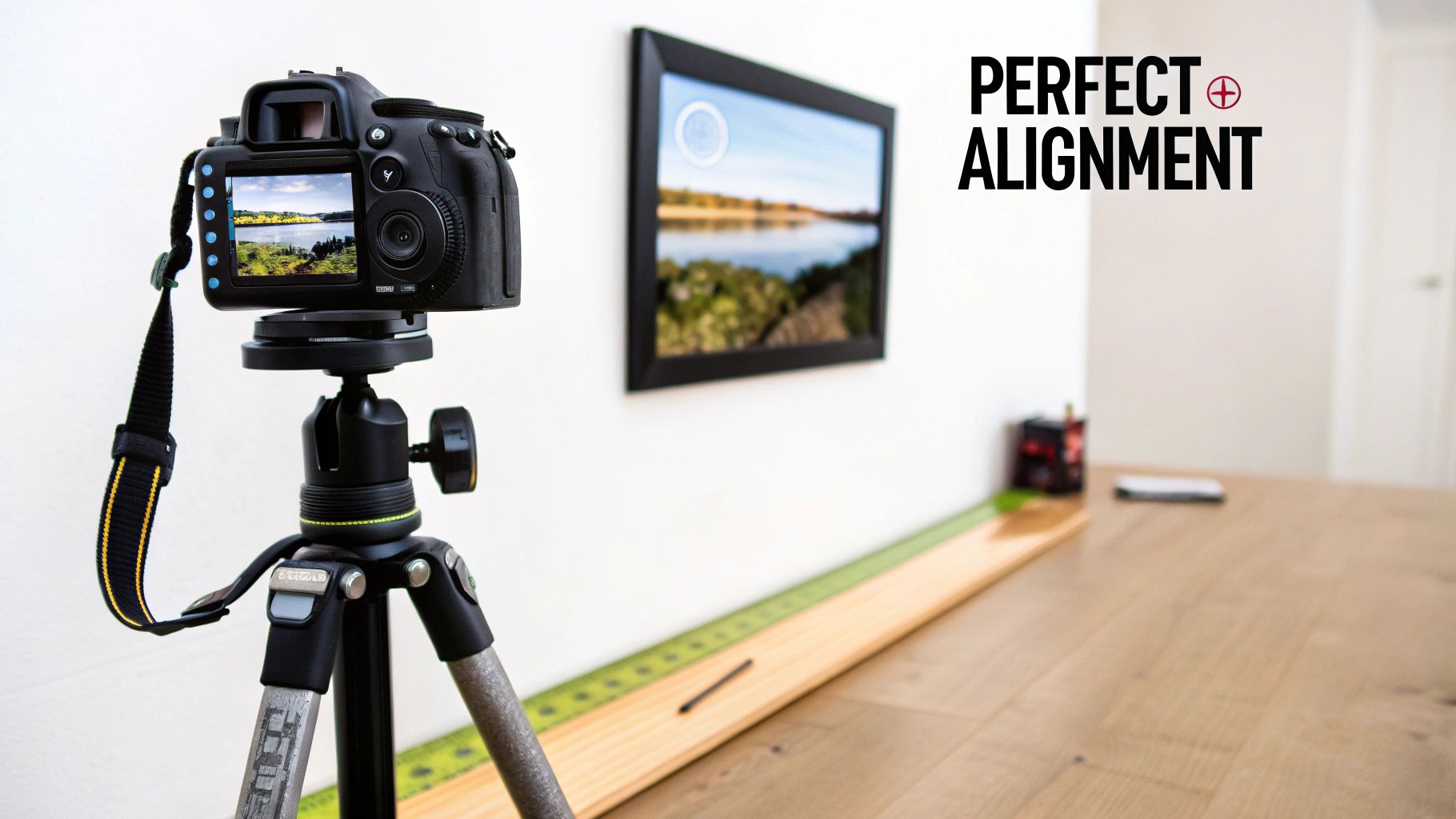 A camera on a tripod perfectly aligned with a colorful painting hanging on a white wall.