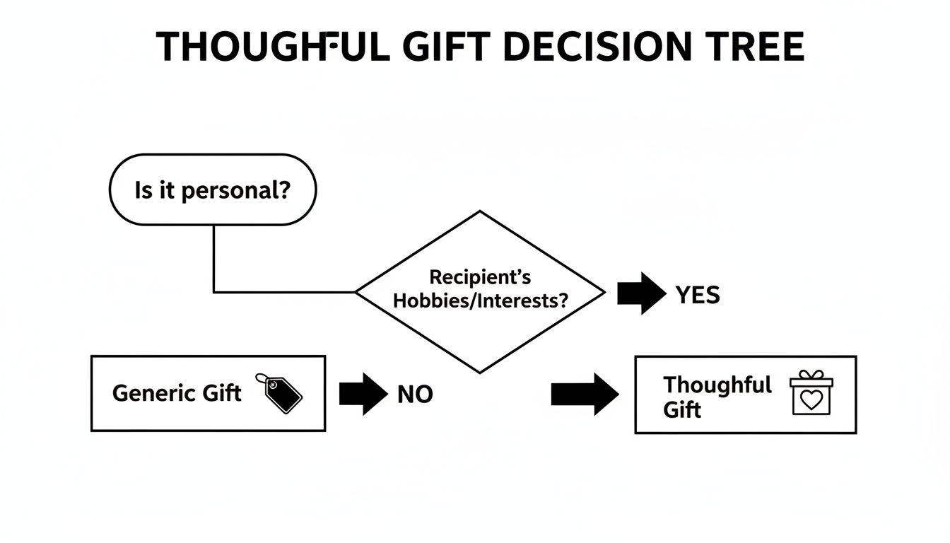 A thoughtful gift decision tree flowchart, asking if it's personal and if it aligns with recipient's hobbies.