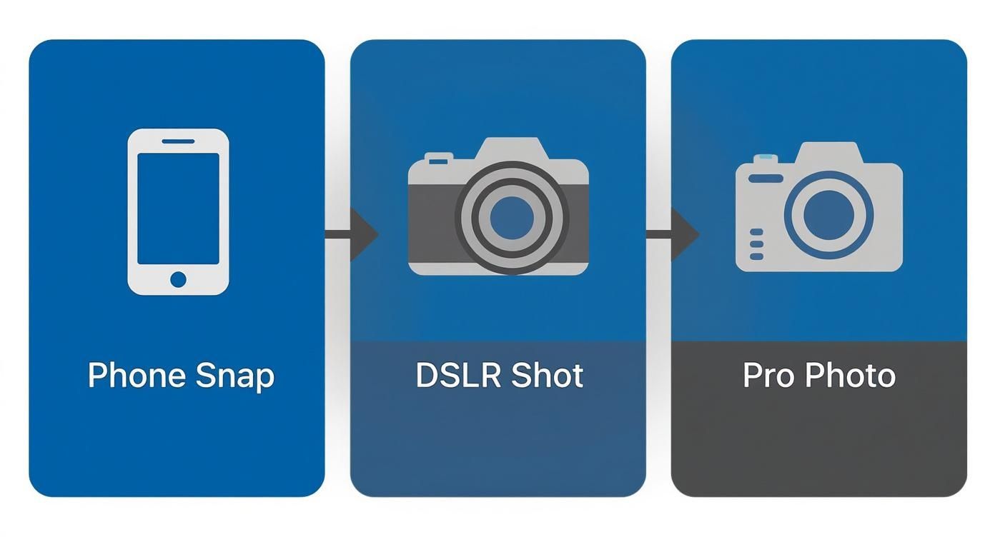Infographic showing how photo sources like a phone, DSLR, and professional camera relate to potential custom canvas sizes.
