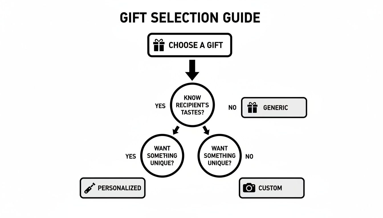 A flowchart titled 'Gift Selection Guide' for choosing gifts based on recipient tastes and uniqueness.