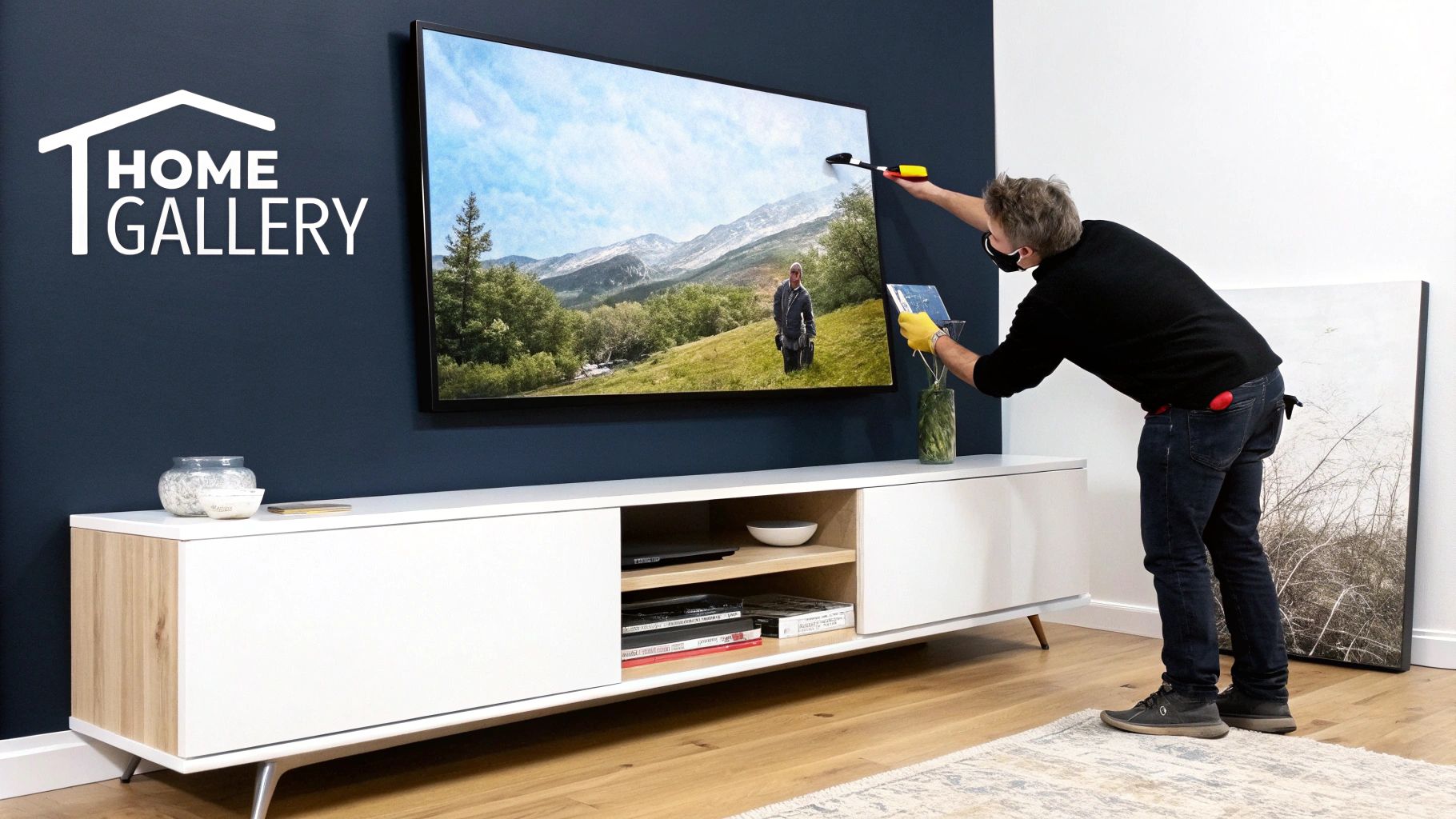 A person in a mask cleans a large wall-mounted TV displaying a landscape, above a modern console.