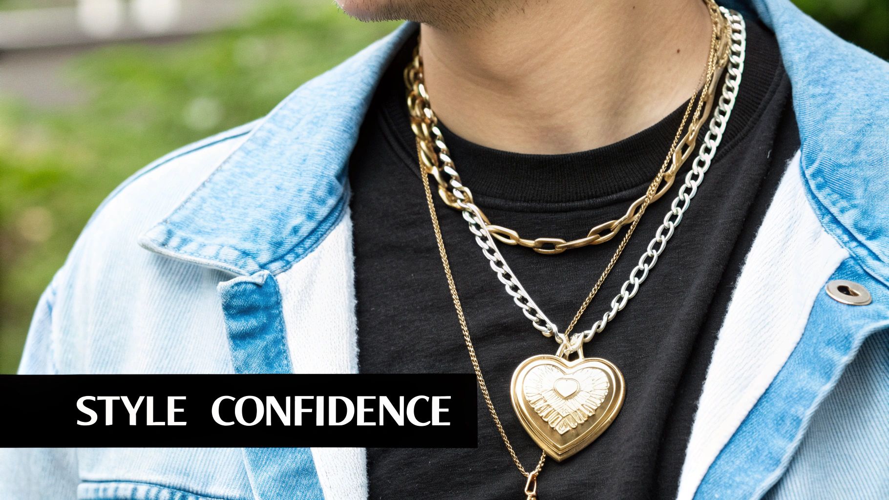 Woman wearing a layered necklace including a heart locket