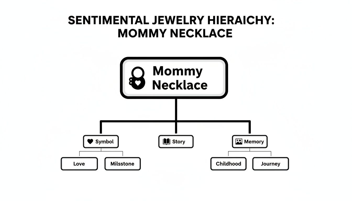 A mind map illustrating the sentimental jewelry hierarchy of a Mommy Necklace, featuring symbols, stories, and memories.