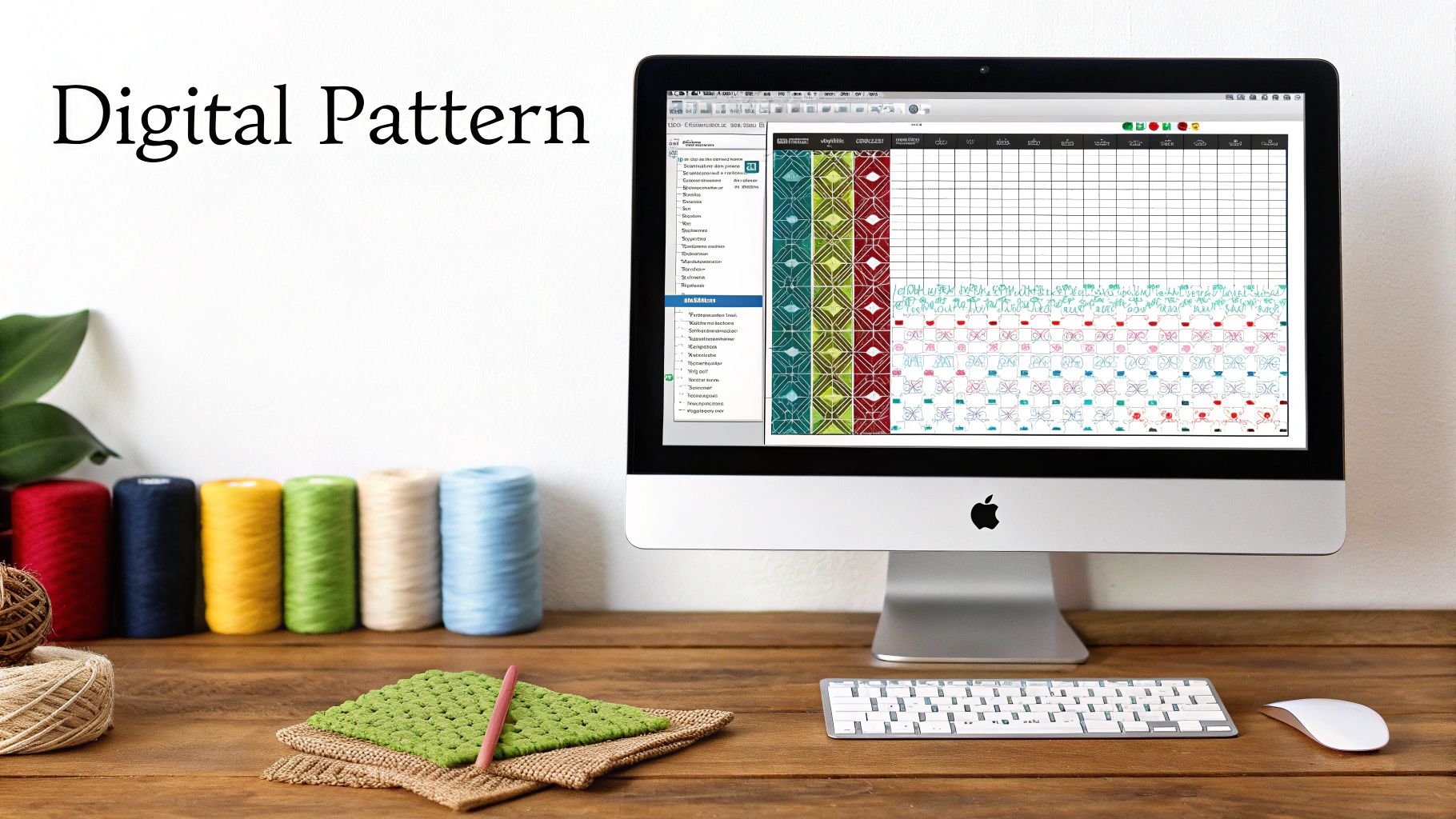 Person drawing a cross stitch pattern on graph paper with colored pencils