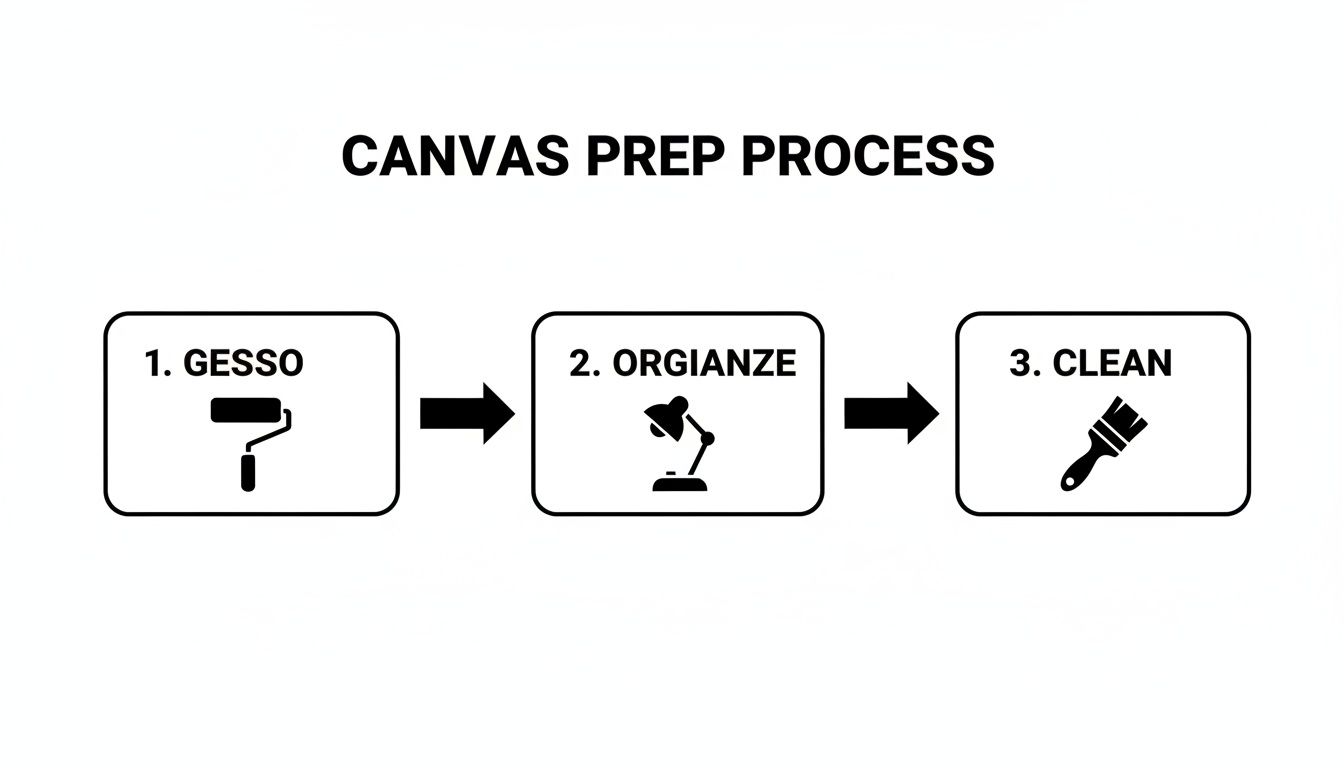 A three-step canvas preparation process flowchart with icons for gesso, orgianze, and clean.