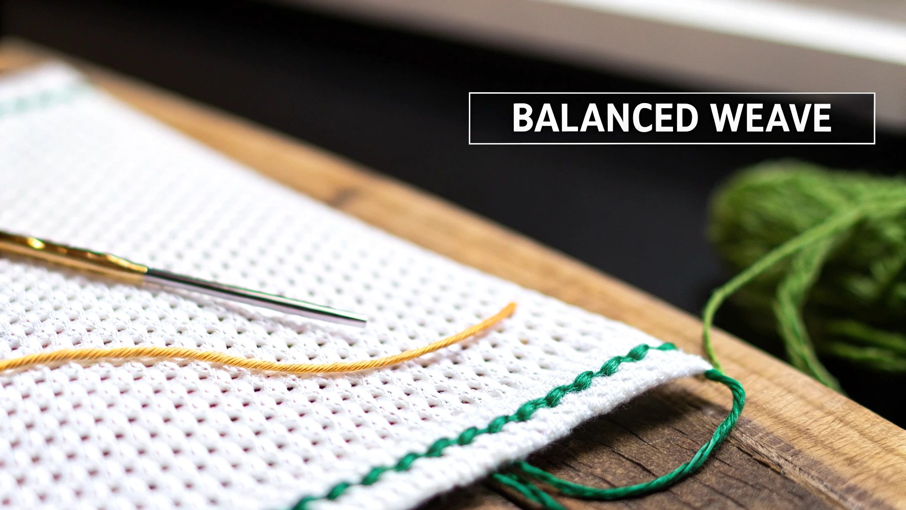 Close-up of white evenweave fabric with green border stitching, a needle, and yellow thread.