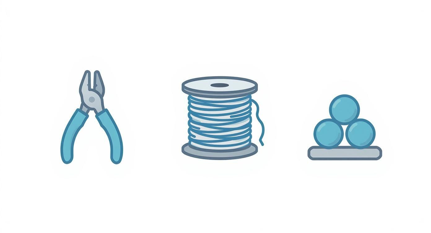 Pliers, a spool of blue wire, and blue beads, essential tools for crafting jewelry.