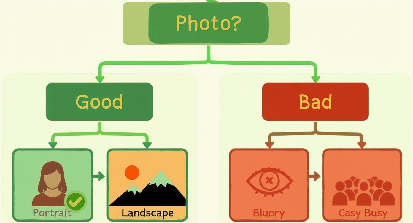 Infographic decision tree for choosing a good photo for a canvas painting, showing good options like portraits and landscapes versus bad options like blurry or busy photos.