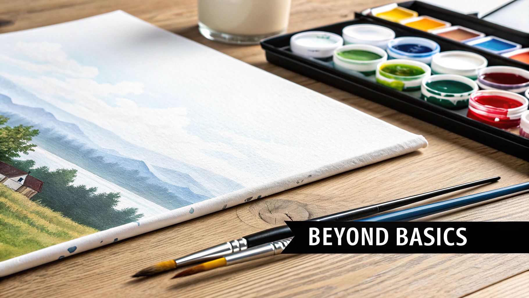 Art supplies on a wooden table with an unfinished landscape painting, paintbrushes, and colorful paints.