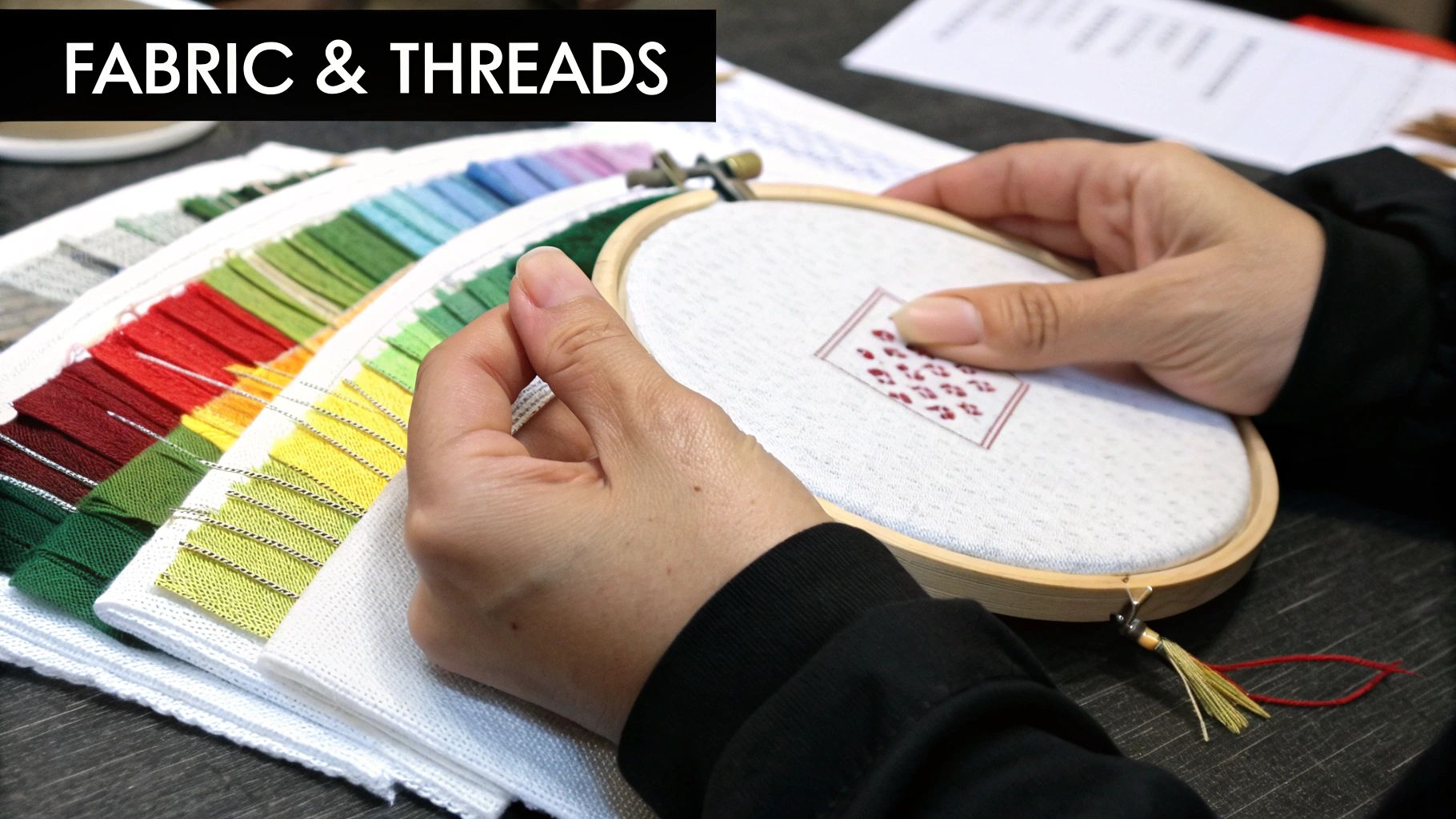 Hands cross-stitching a red pattern in an embroidery hoop, with colorful fabric and thread samples.