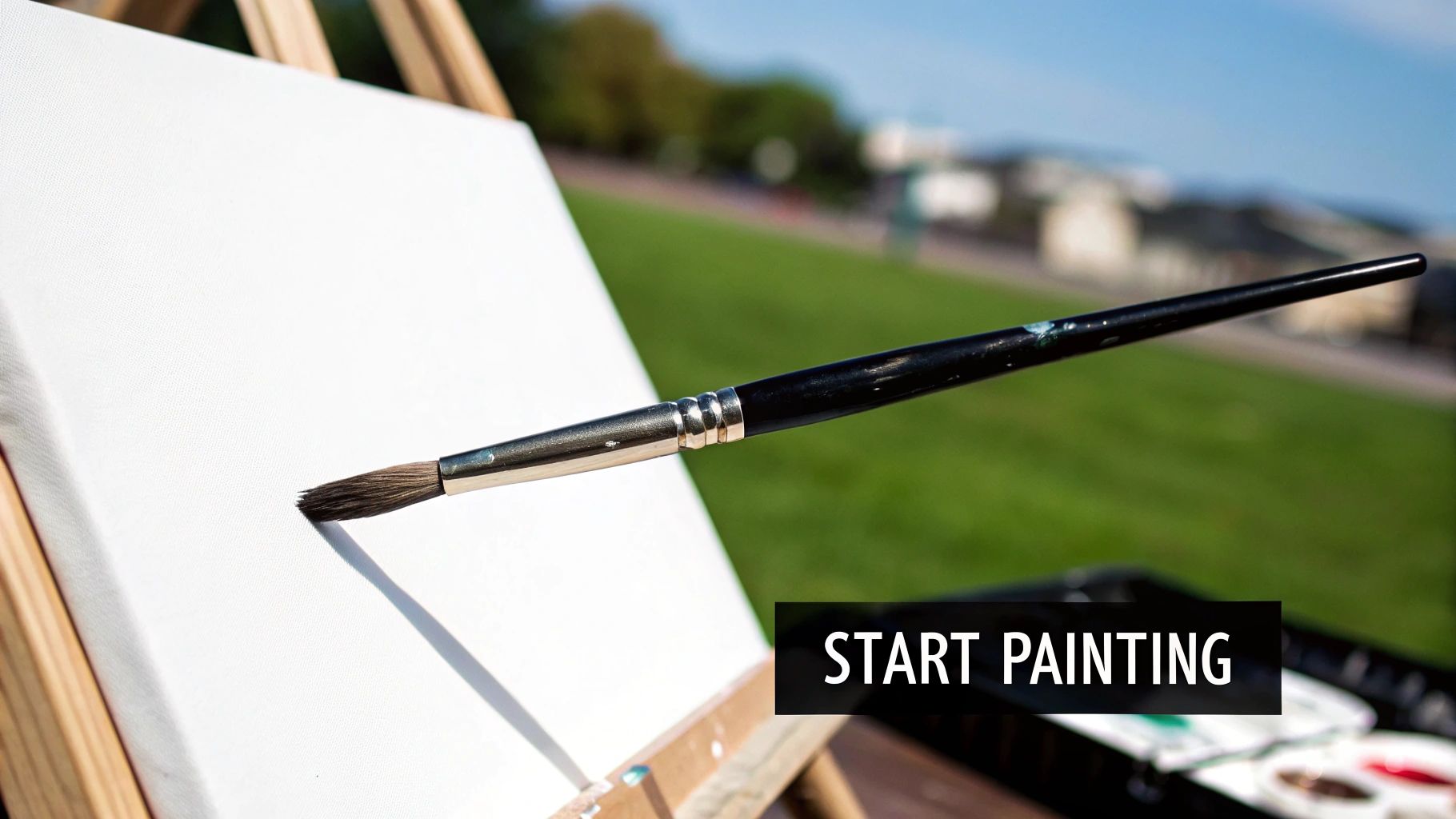 A person's hands holding a paintbrush and painting a vibrant paint by number canvas of a beach scene.