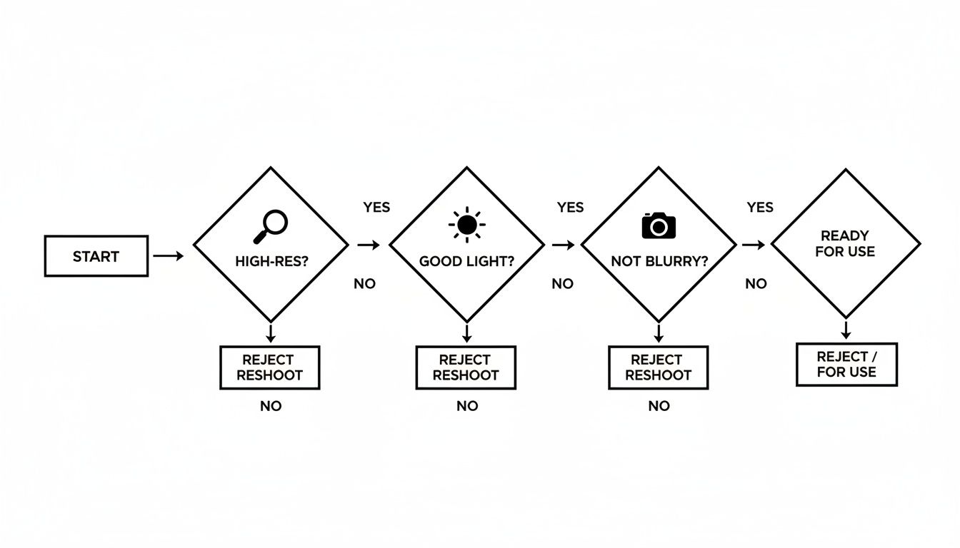 A flowchart detailing a photo evaluation process, checking for high resolution, good light, and no blur.