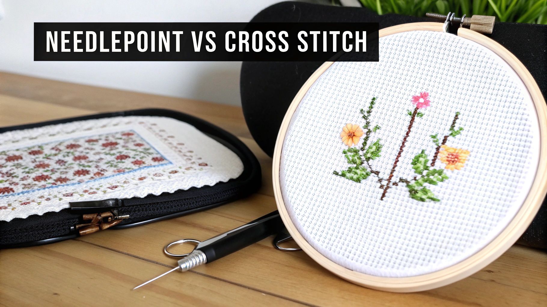 Close-up of needlepoint and cross stitch projects with tools, comparing embroidery styles.
