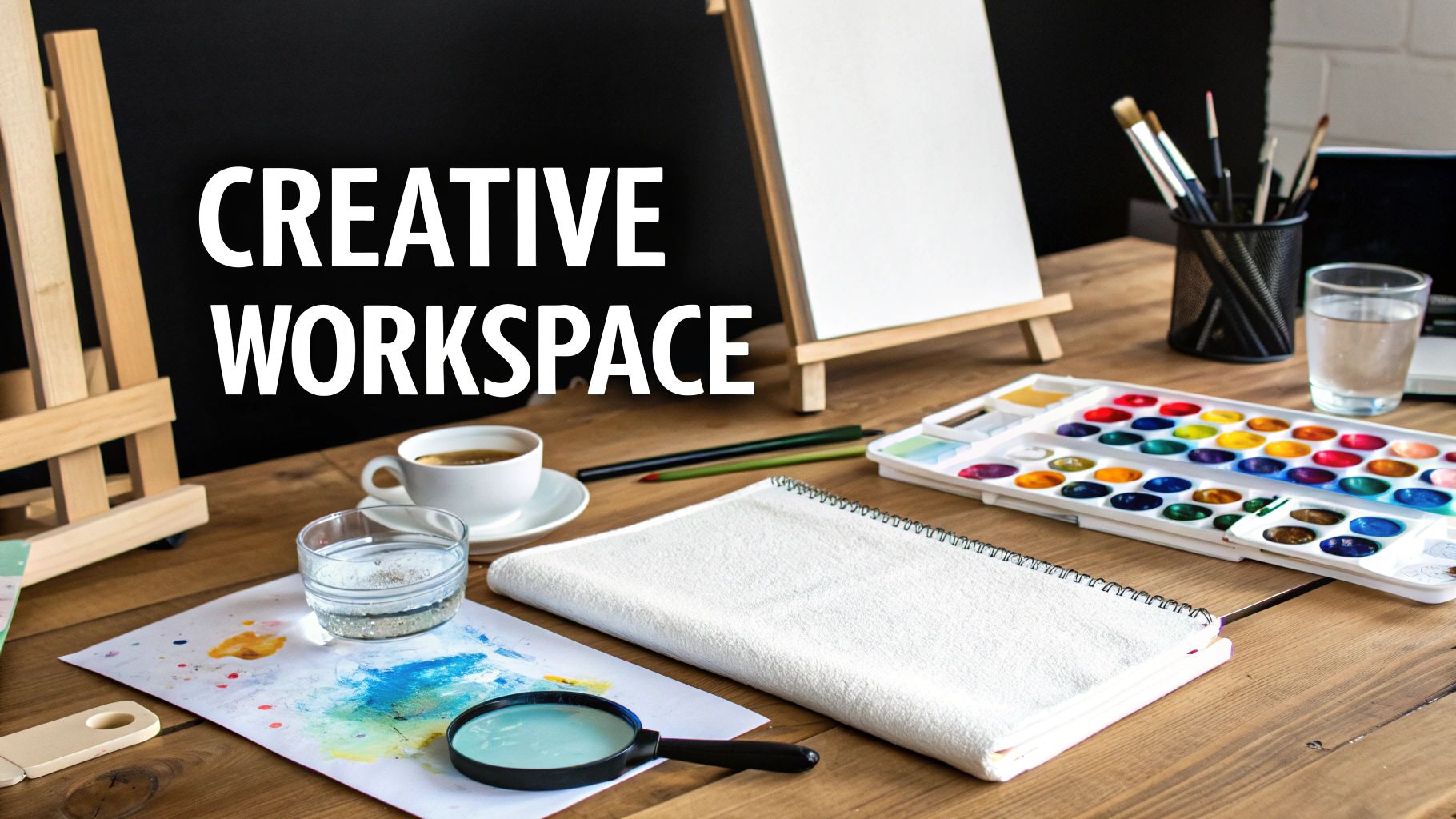 A well-organized painting by numbers workspace with paints, brushes, and a canvas.