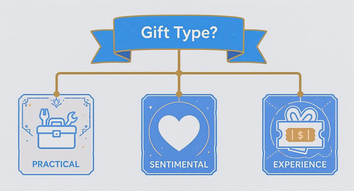 A diagram categorizing gift types into practical (toolbox), sentimental (heart), and experience (voucher).