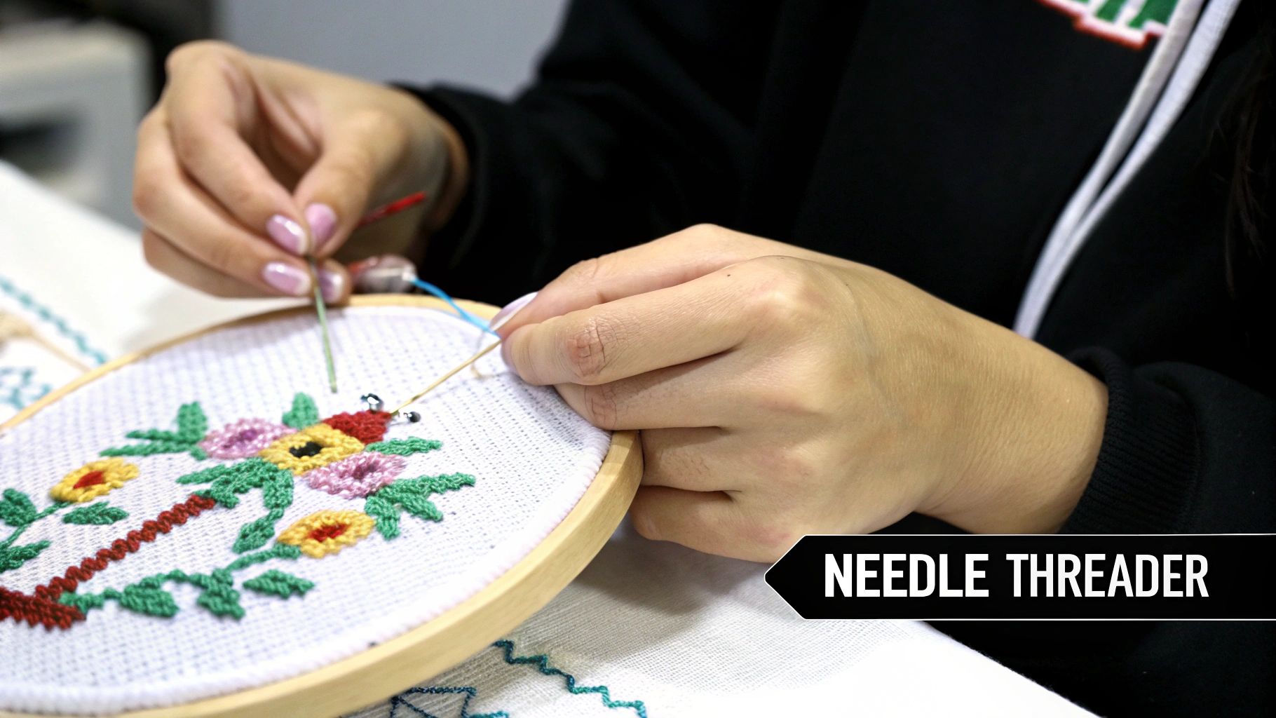 Close-up of hands embroidering a colorful floral design on fabric held in a wooden hoop.