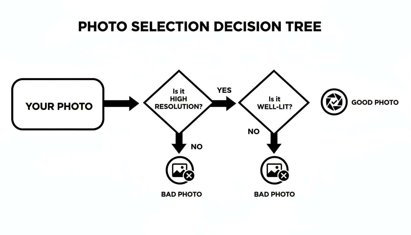 Flowchart showing a photo selection decision tree based on high resolution and good lighting.