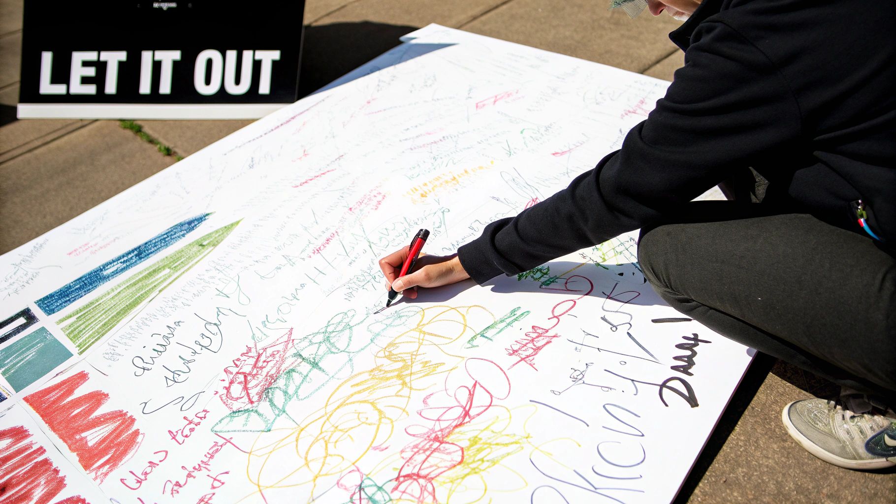 A person signs a large white board covered in colorful messages and drawings, next to a 'LET IT OUT' sign.