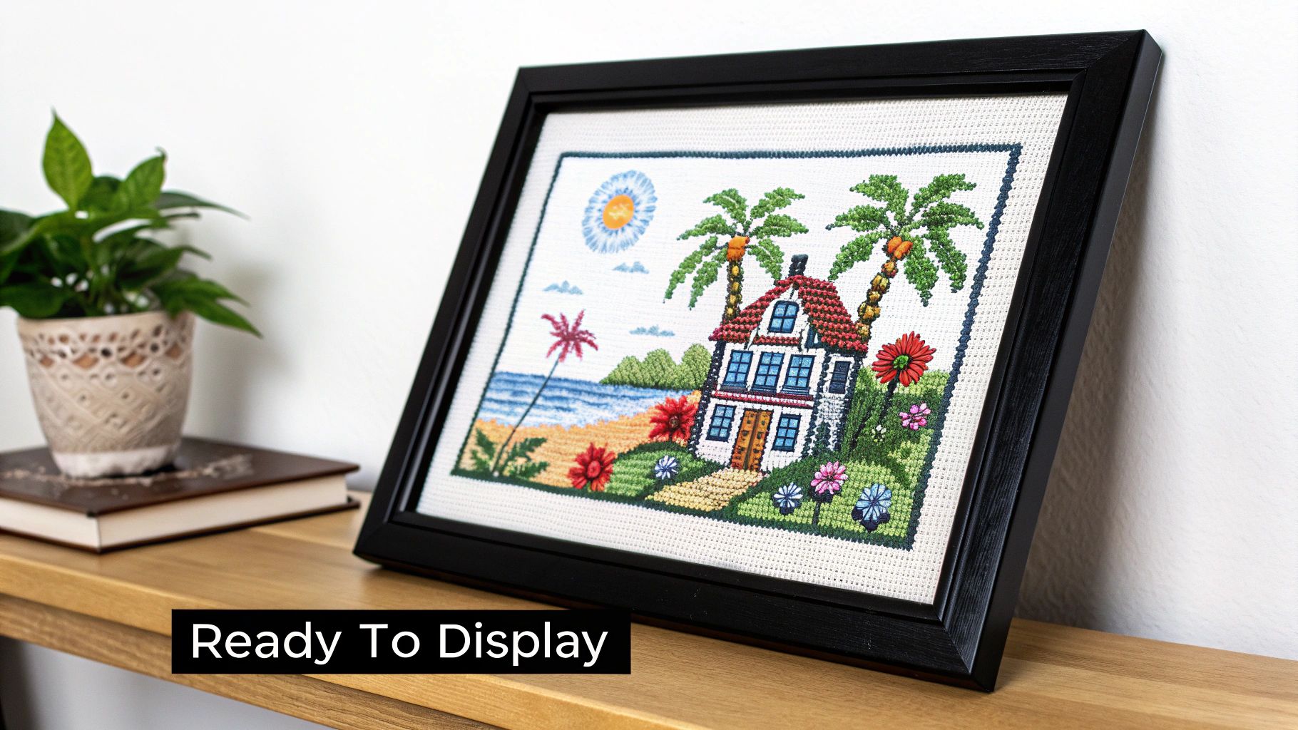 A finished cross stitch project being framed in a wooden embroidery hoop.