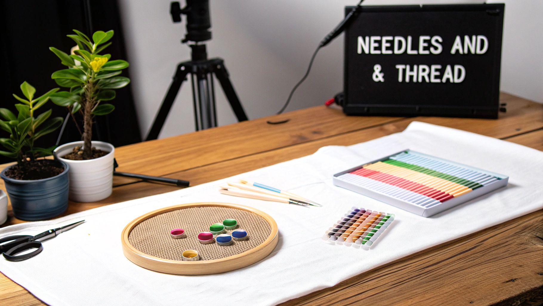 A crafting table with embroidery hoop, colorful threads, brushes, scissors, and plants, with a 'Needles & Thread' sign.