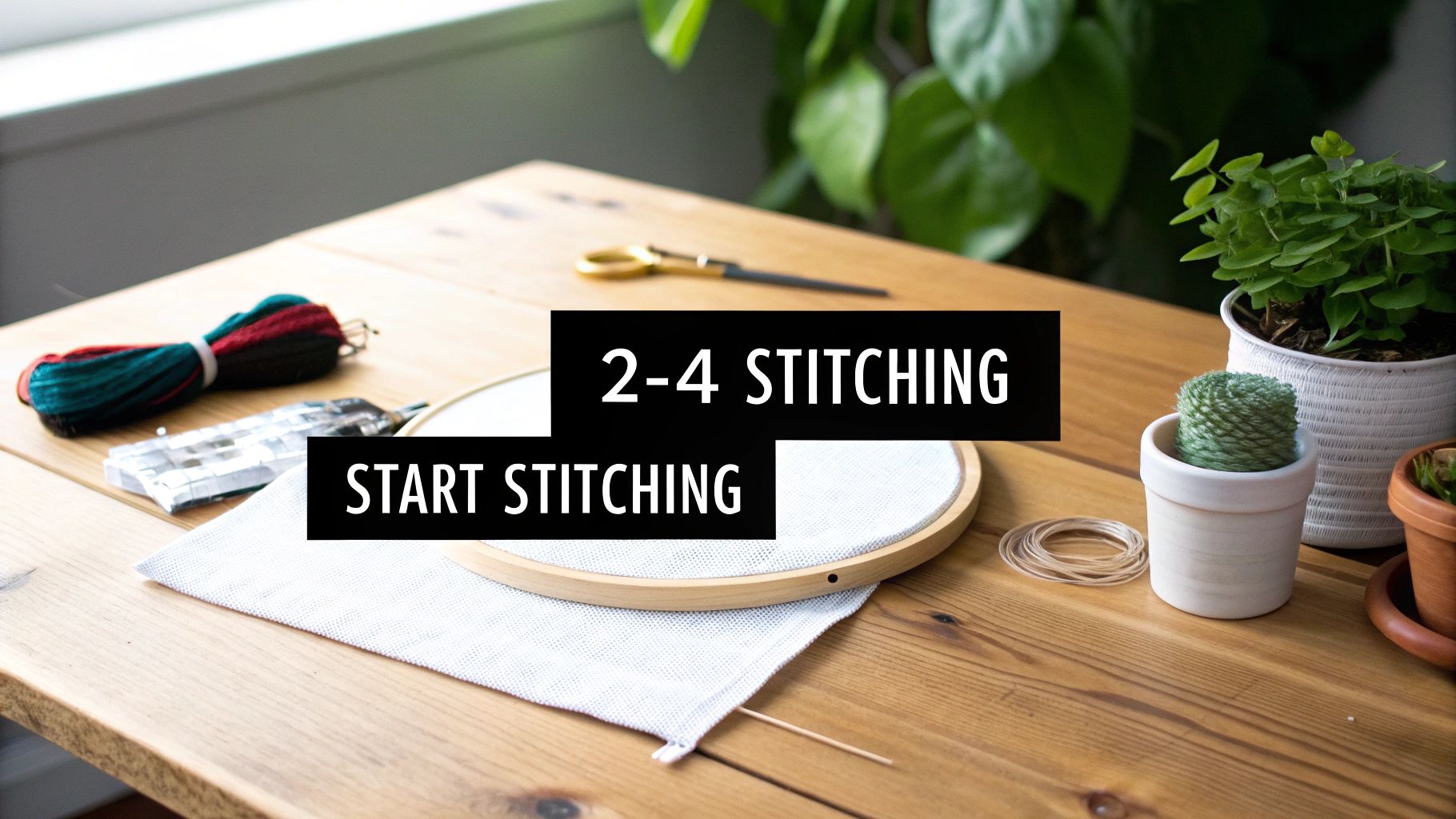 A flat lay of embroidery supplies on a wooden table with an embroidery hoop, colorful threads, and scissors, with instructional text.