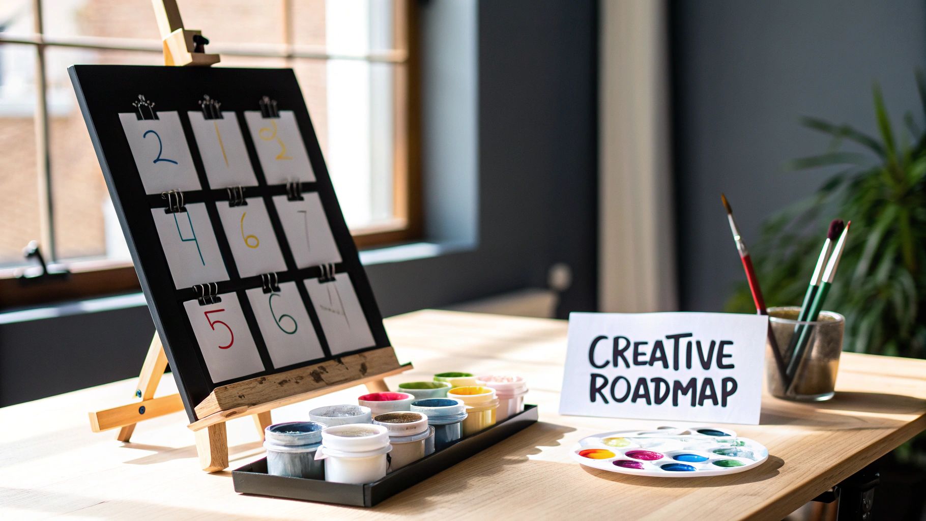 A creative workspace setup with an easel displaying numbered cards, various paint pots, brushes, and a 'CREATIVE ROADMAP' sign.