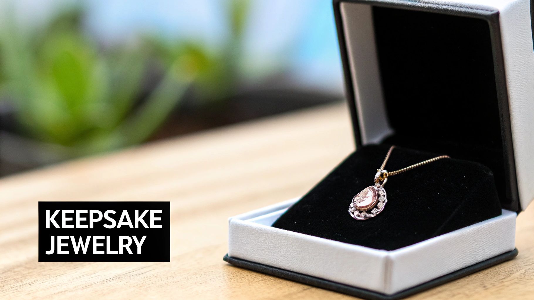 A delicate pink gemstone pendant necklace with diamond accents in an open black velvet keepsake jewelry box.