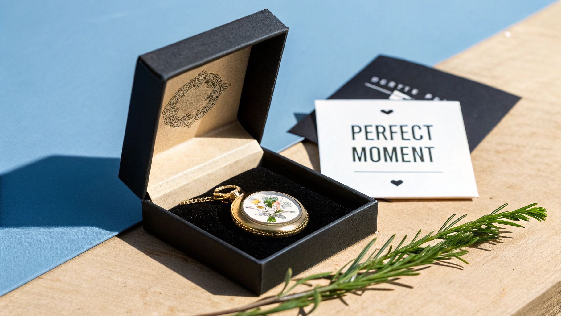 A grandmother smiling as she opens a jewelry box, her family watching in the background.