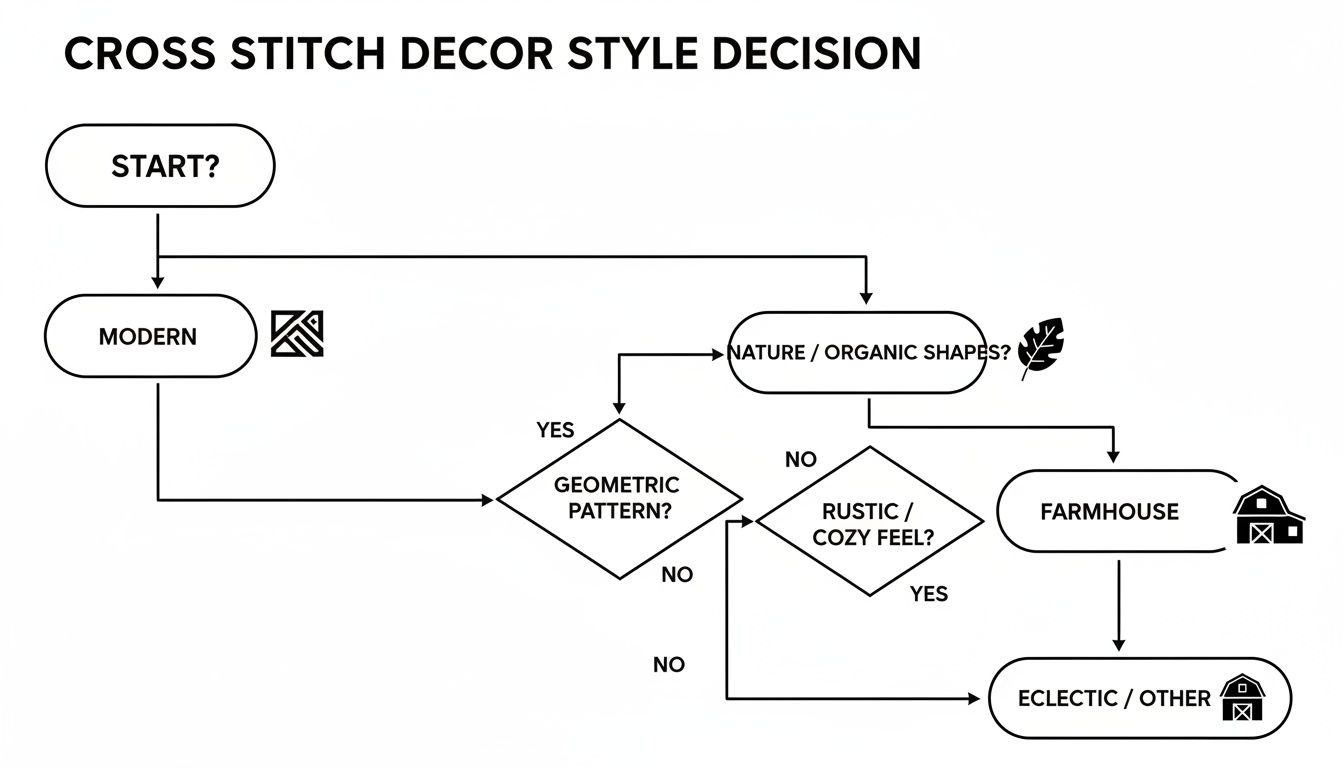 Flowchart illustrating cross stitch decor style decisions, including modern, nature, geometric, rustic, farmhouse, and eclectic options.