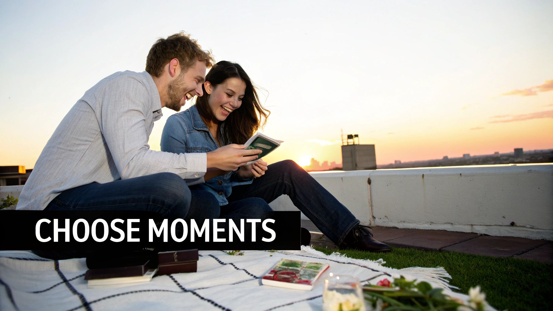 A happy couple sits on a rooftop at sunset, laughing while looking at a small book.