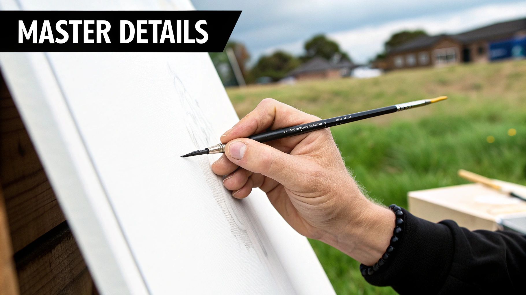 A person's hand precisely sketching details on a white canvas with a fine brush outdoors.