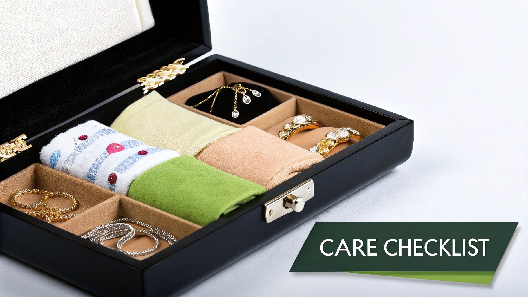 A person carefully cleaning a sterling silver necklace with a soft cloth.