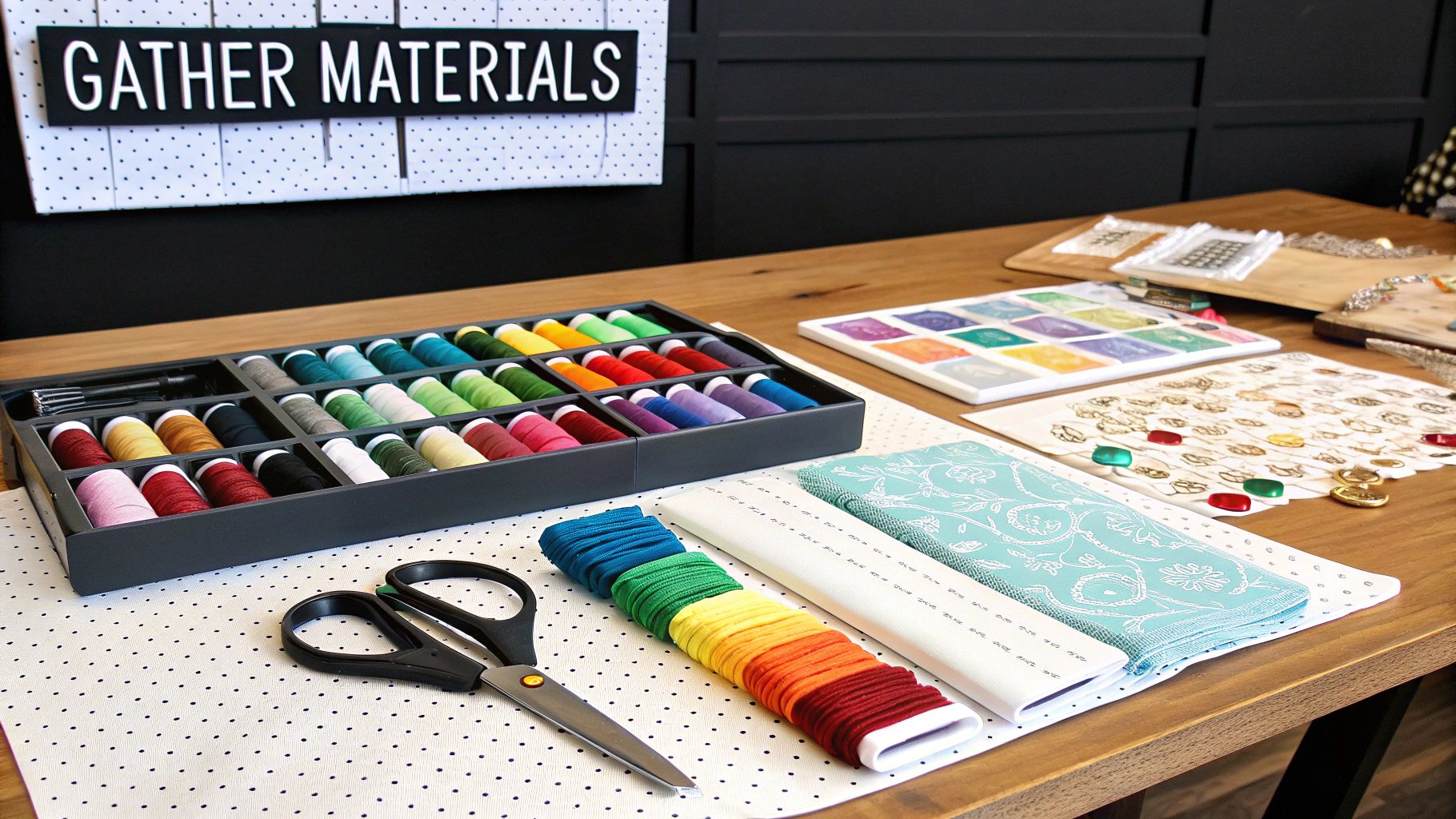 A neat arrangement of cross-stitch materials including fabric, colorful floss on bobbins, a hoop, and scissors.