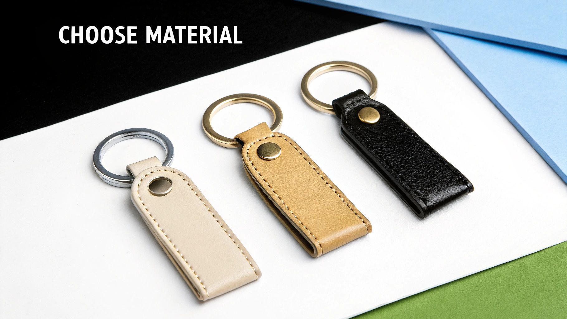 Three stylish leather keychains in beige, tan, and black with metal rings, ready for selection.