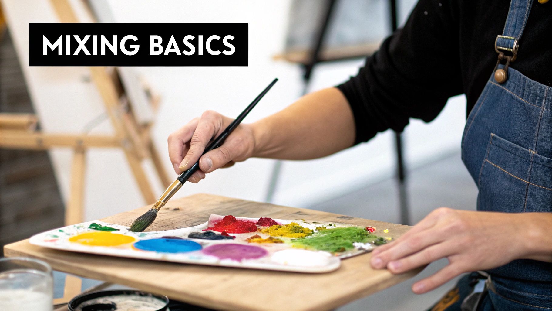 Palette with various mixed paint colors