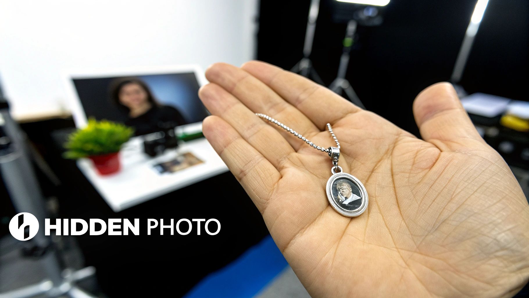 A hand holds a silver necklace with an oval pendant featuring a black and white photo.