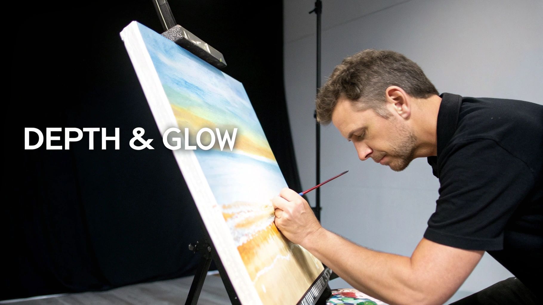 A man intently painting a vibrant beach scene with a brush on an easel, text 'DEPTH & GLOW'.