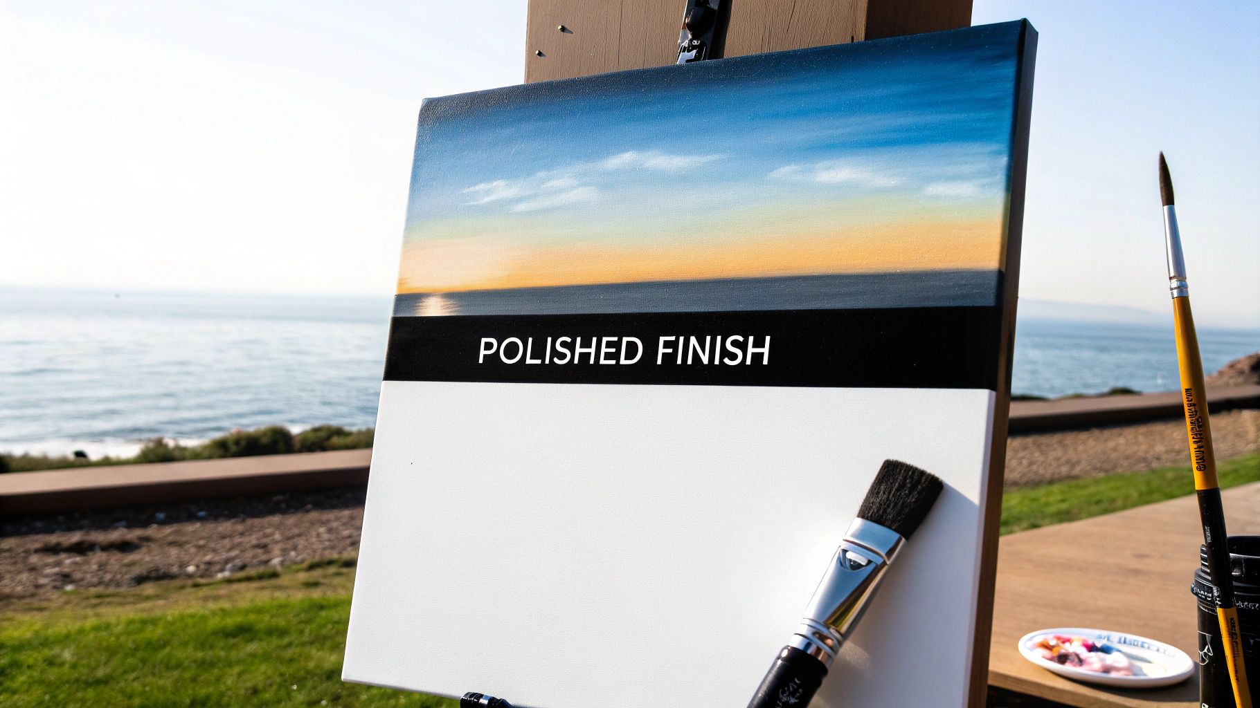 A finished paint by numbers artwork of a vibrant landscape being sealed with a clear varnish using a wide, flat brush.