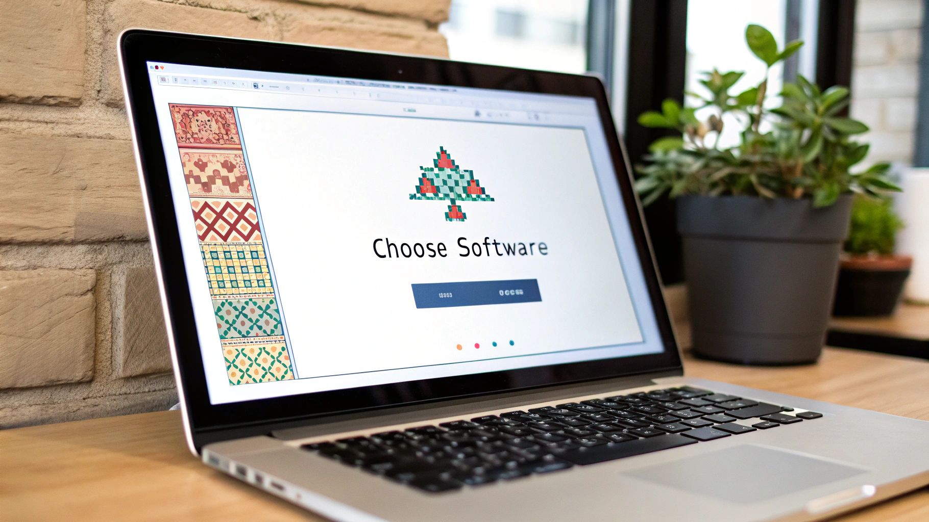 A laptop screen displaying a photo being converted into a cross-stitch pattern chart.
