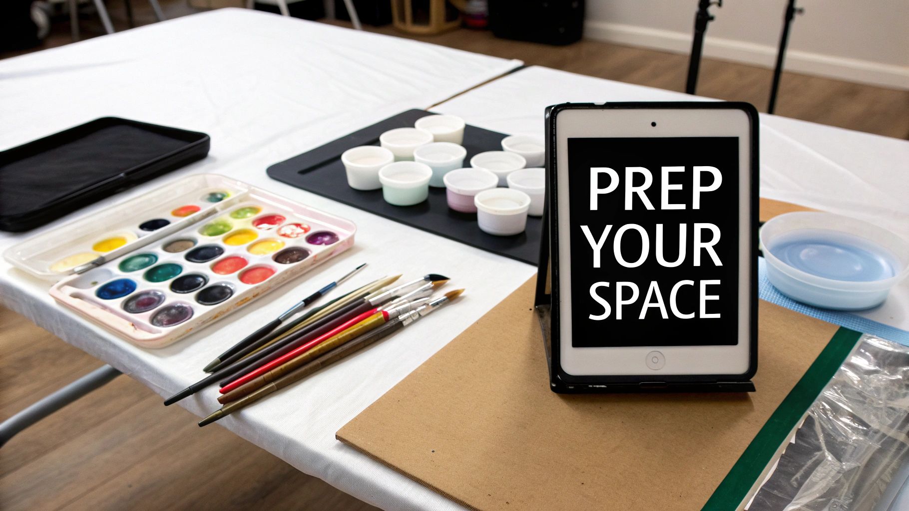 A table setup with various painting supplies, including watercolors, brushes, cups, and a tablet displaying 'PREP YOUR SPACE'.