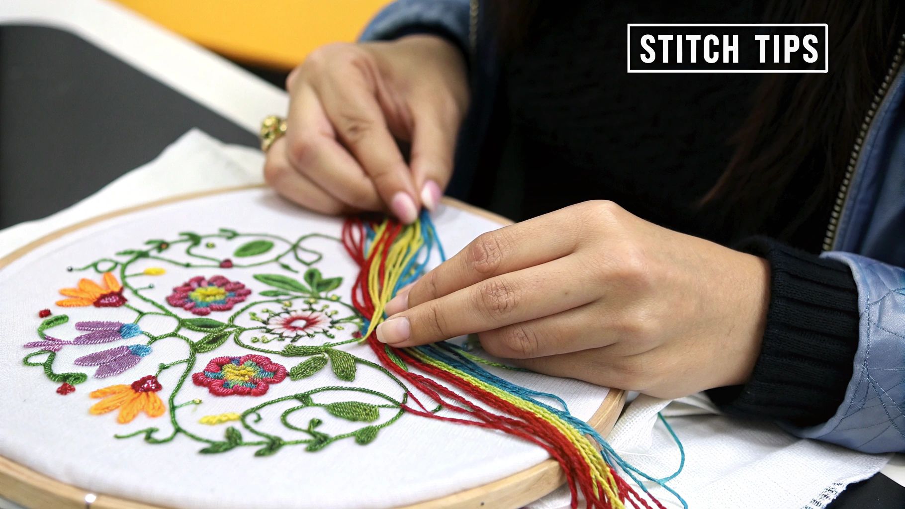 A close-up of a cross-stitch project in progress, showing different thread textures and colors being blended.