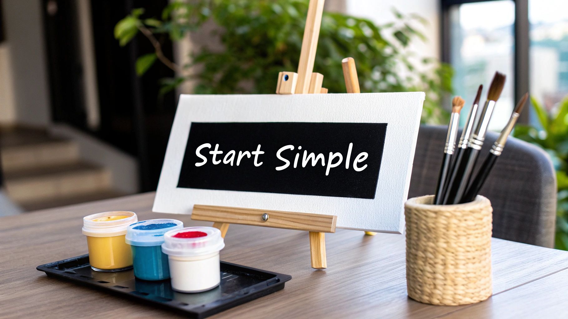A painting setup with an easel displaying 'Start Simple', colorful paints, and brushes on a wooden table.