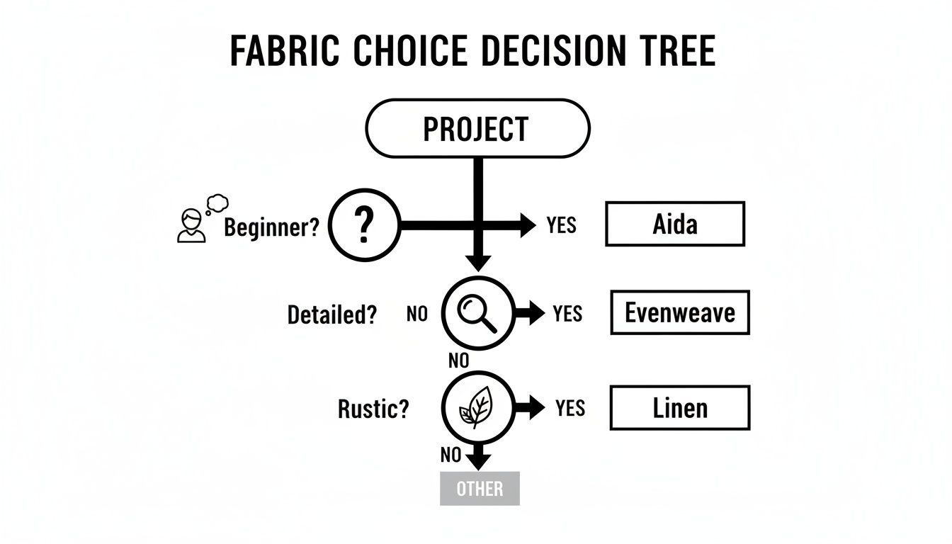 A fabric choice decision tree guiding users to Aida, Evenweave, Linen, or Other options.