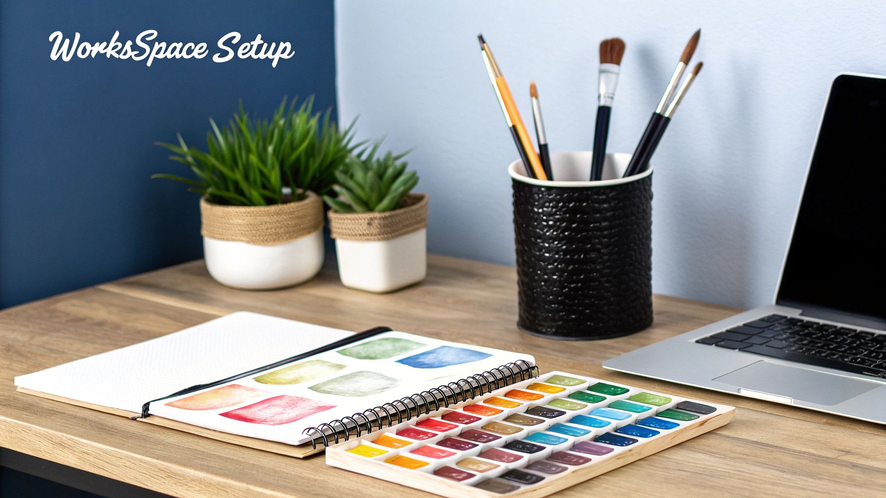 An artist's organized workspace with a palette, paints, and brushes.