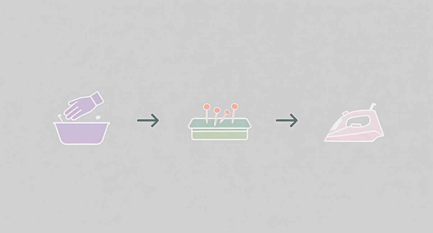 Graphic showing steps for fabric care: hand wash, use pins, then iron.