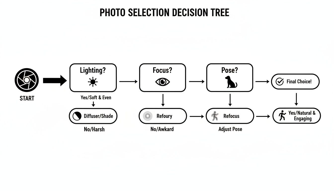 A photo selection decision tree flowchart, guiding users through steps like lighting, focus, and pose for a final choice.