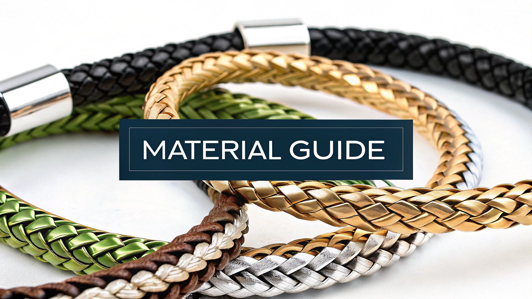 A close-up of different pet memorial bracelets showing various materials like sterling silver, stainless steel, and leather.