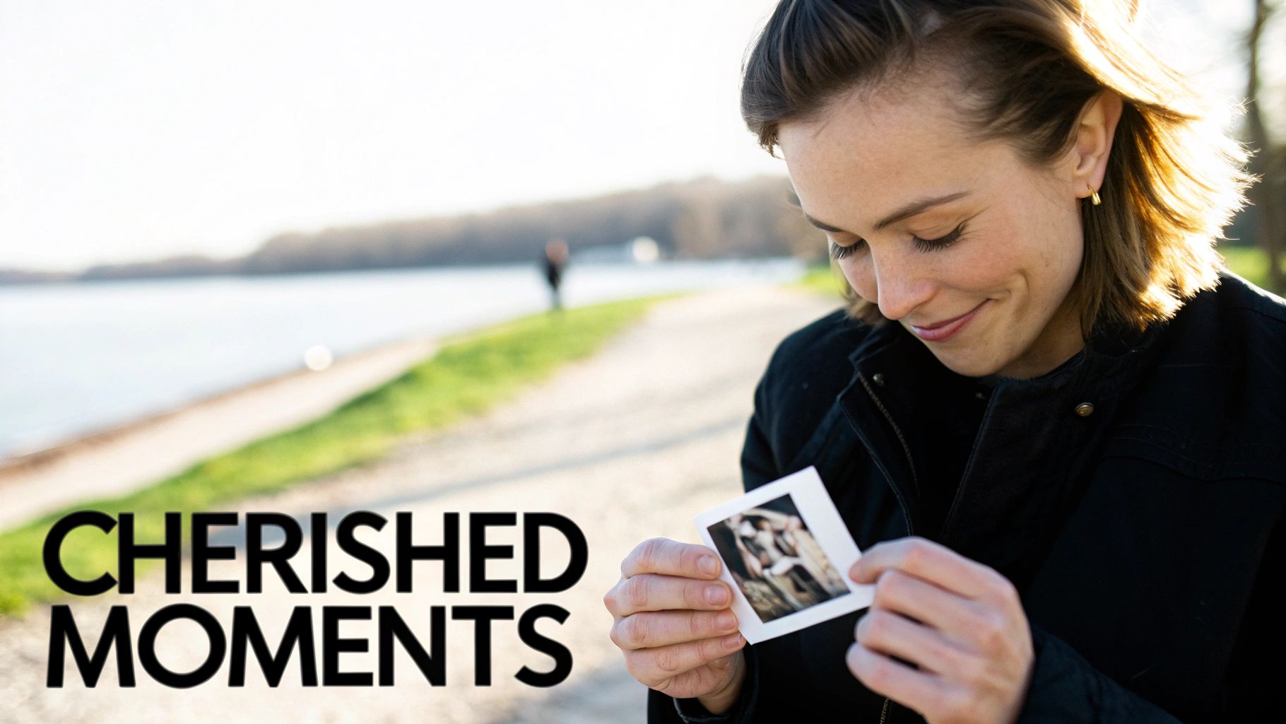 A woman outside, smiling softly while looking at a small photo print she holds in her hands.
