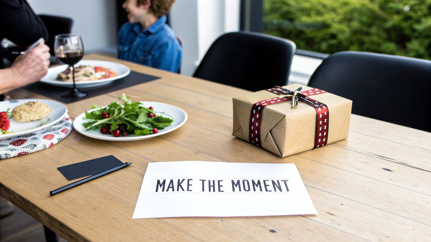 A close-up of a wooden table set for a meal, featuring a gift and an inspirational note.